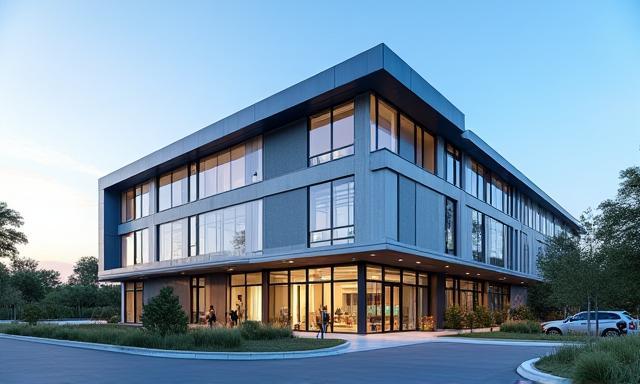 A scenic, modern office building representing Vertex Calendar's Austin headquarters